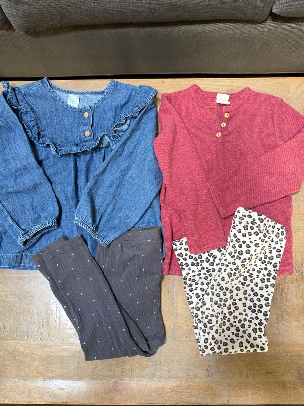 Girls Denim Ruffle Top + Red Henley Knit Set with Patterned Leggings